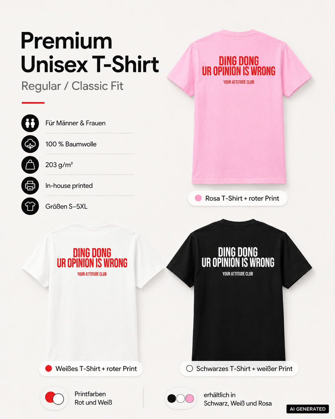 DING DONG UR OPINION IS WRONG – Schwarzes Unisex T-Shirt mit weißem Backprint | Regular Fit Sarcastic Statement Shirt | Funny Attitude Shirt