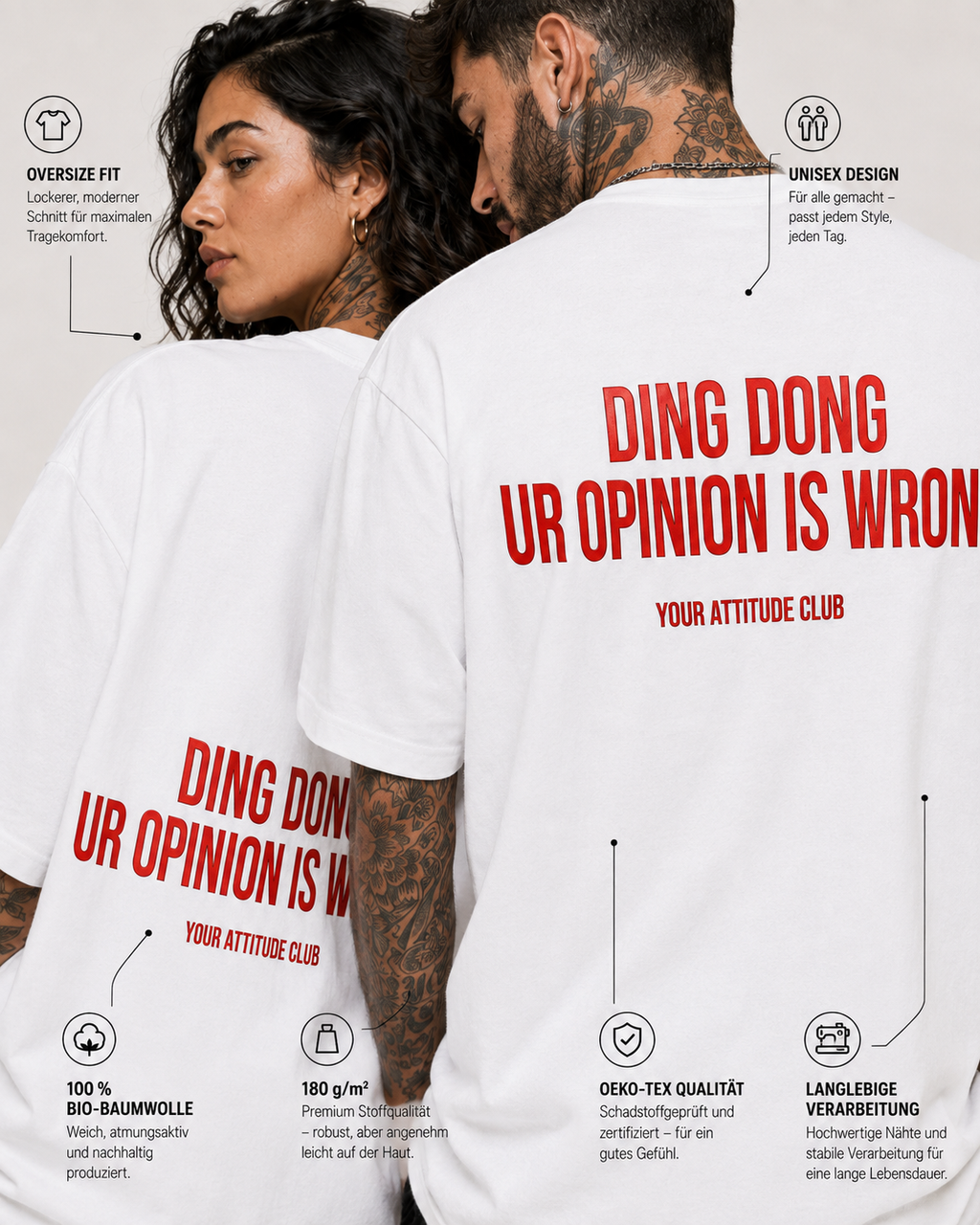 DING DONG UR OPINION IS WRONG – weißes Unisex Oversize Shirt mit rotem Backprint, freches Statement T-Shirt, sarkastisches Streetwear Geschenk