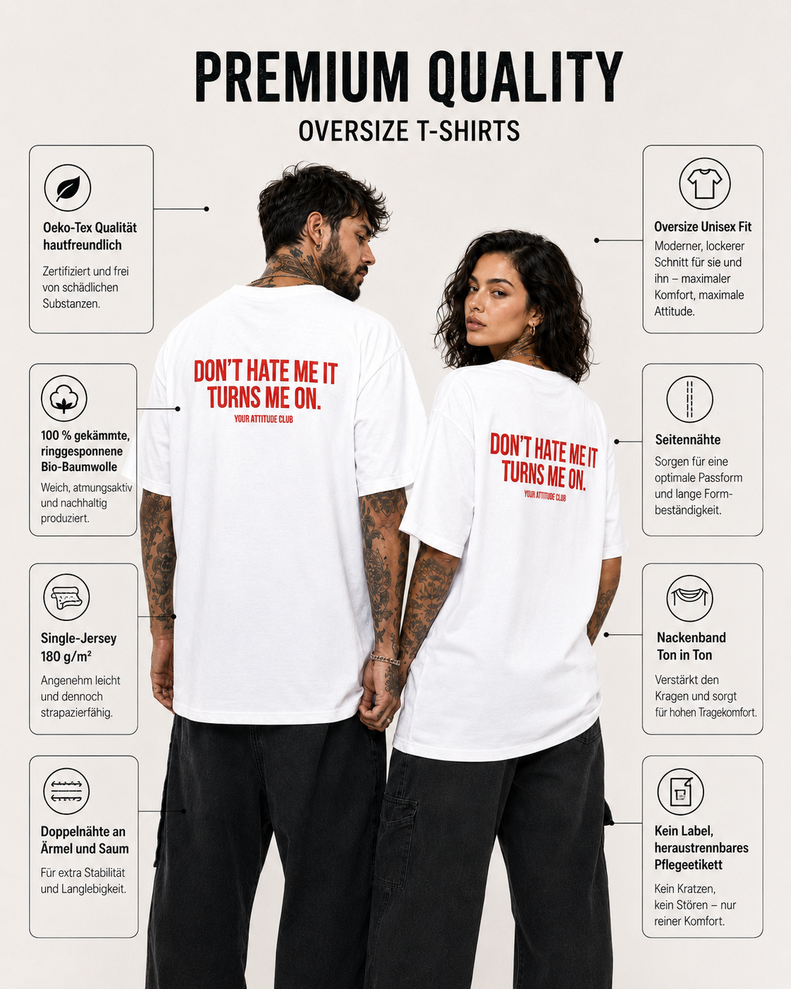 DON’T HATE ME IT TURNS ME ON. – Unisex Oversize T-Shirt mit Backprint, freches Statement Shirt, Streetwear Geschenk für Frauen und Männer