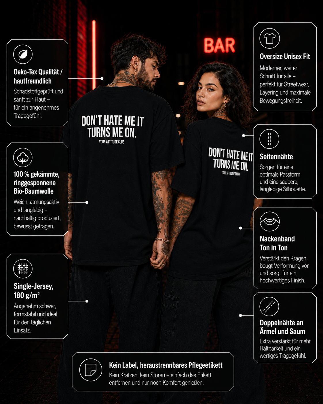 DON’T HATE ME IT TURNS ME ON. – Unisex Oversize T-Shirt mit Backprint, freches Statement Shirt, Streetwear Geschenk für Frauen und Männer