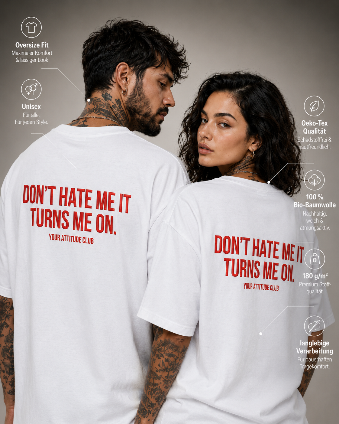 DON’T HATE ME IT TURNS ME ON. – Unisex Oversize T-Shirt mit Backprint, freches Statement Shirt, Streetwear Geschenk für Frauen und Männer