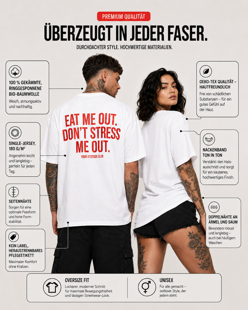EAT ME OUT. DON’T STRESS ME OUT. – schwarzes Unisex Oversize Shirt mit weißem Backprint, freches Statement T-Shirt, Adult Humor, Streetwear