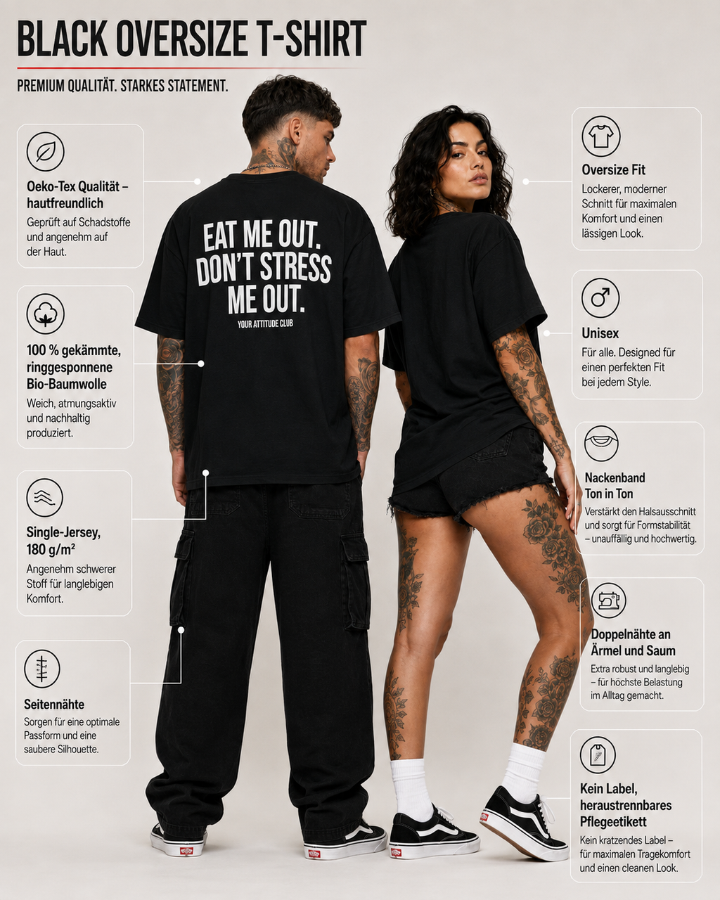 EAT ME OUT. DON’T STRESS ME OUT. – schwarzes Unisex Oversize Shirt mit weißem Backprint, freches Statement T-Shirt, Adult Humor, Streetwear