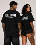 EGO BOOST – schwarzes Unisex Oversize Shirt mit weißem Backprint, freches Statement T-Shirt, selbstbewusster Spruch, Streetwear Geschenk
