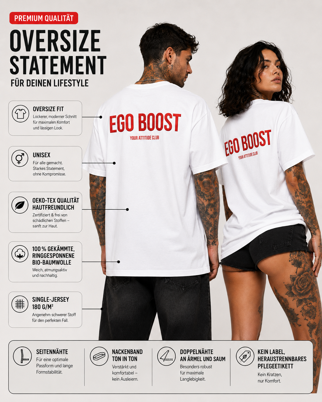 EGO BOOST – weißes Unisex Oversize Shirt mit rotem Backprint, freches Statement T-Shirt, selbstbewusster Spruch, Streetwear Geschenk