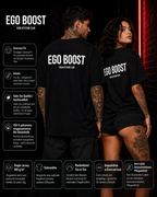 EGO BOOST – schwarzes Unisex Oversize Shirt mit weißem Backprint, freches Statement T-Shirt, selbstbewusster Spruch, Streetwear Geschenk