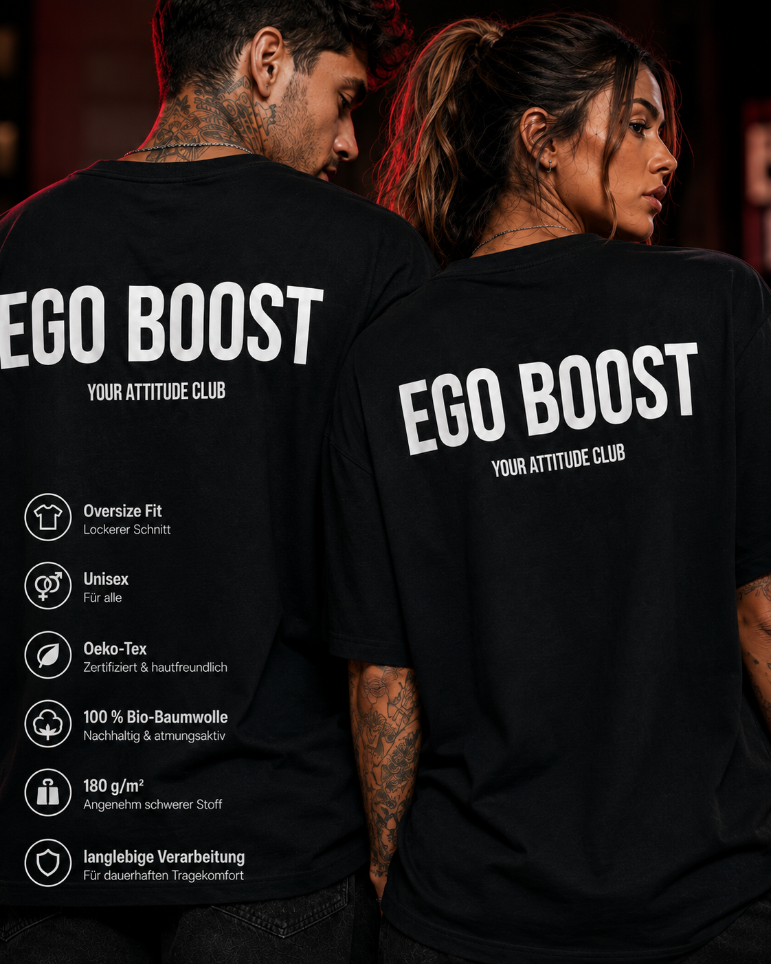 EGO BOOST – weißes Unisex Oversize Shirt mit rotem Backprint, freches Statement T-Shirt, selbstbewusster Spruch, Streetwear Geschenk