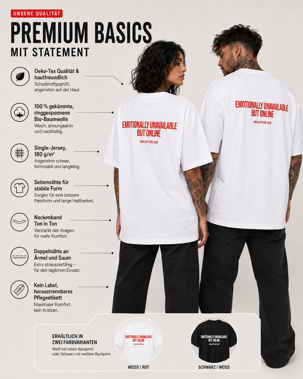 EMOTIONALLY UNAVAILABLE BUT ONLINE – weißes Unisex Oversize Shirt mit rotem Backprint, lustiges Statement T-Shirt, Dating Humor, Streetwear Geschenk