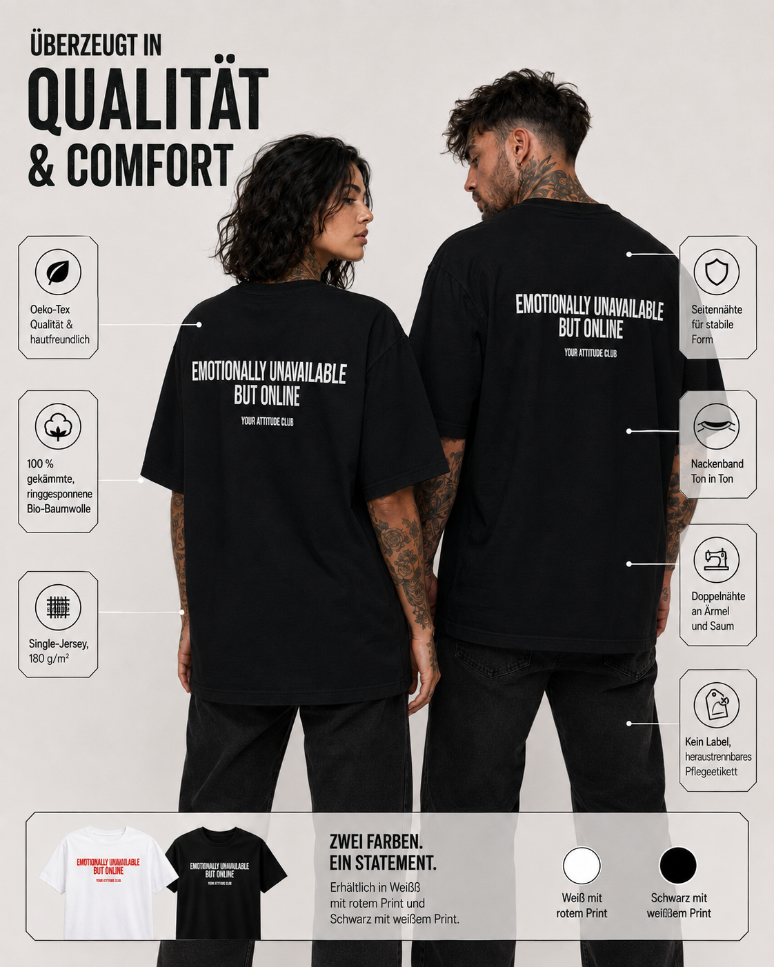 EMOTIONALLY UNAVAILABLE BUT ONLINE – weißes Unisex Oversize Shirt mit rotem Backprint, lustiges Statement T-Shirt, Dating Humor, Streetwear Geschenk
