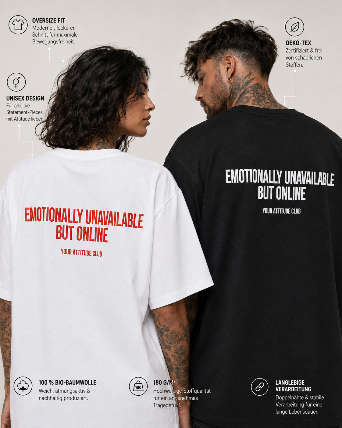 EMOTIONALLY UNAVAILABLE BUT ONLINE – weißes Unisex Oversize Shirt mit rotem Backprint, lustiges Statement T-Shirt, Dating Humor, Streetwear Geschenk