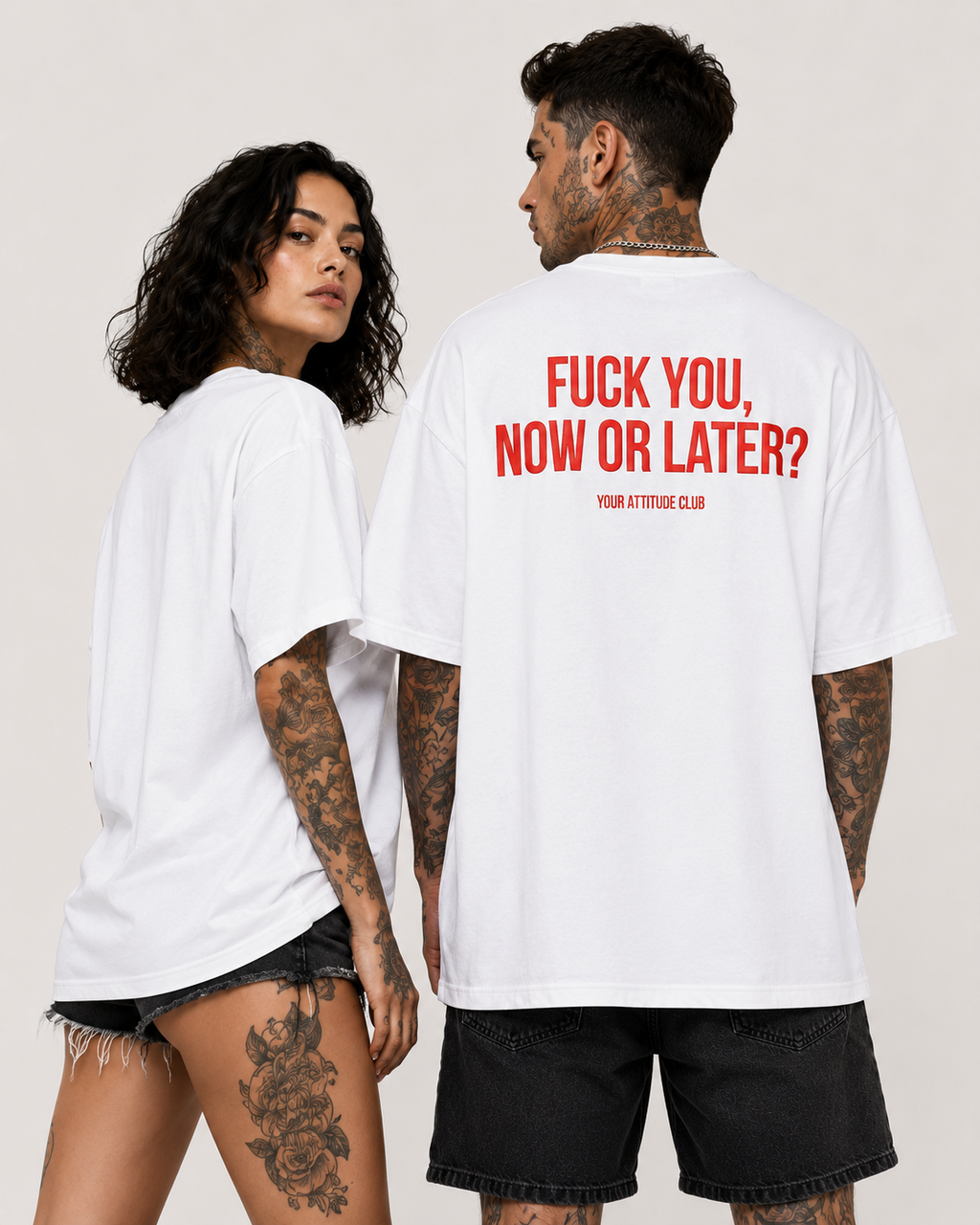 FUCK YOU, NOW OR LATER? – schwarzes Unisex Oversize Shirt mit weißem Backprint, freches Statement T-Shirt, Adult Humor, Streetwear Geschenk
