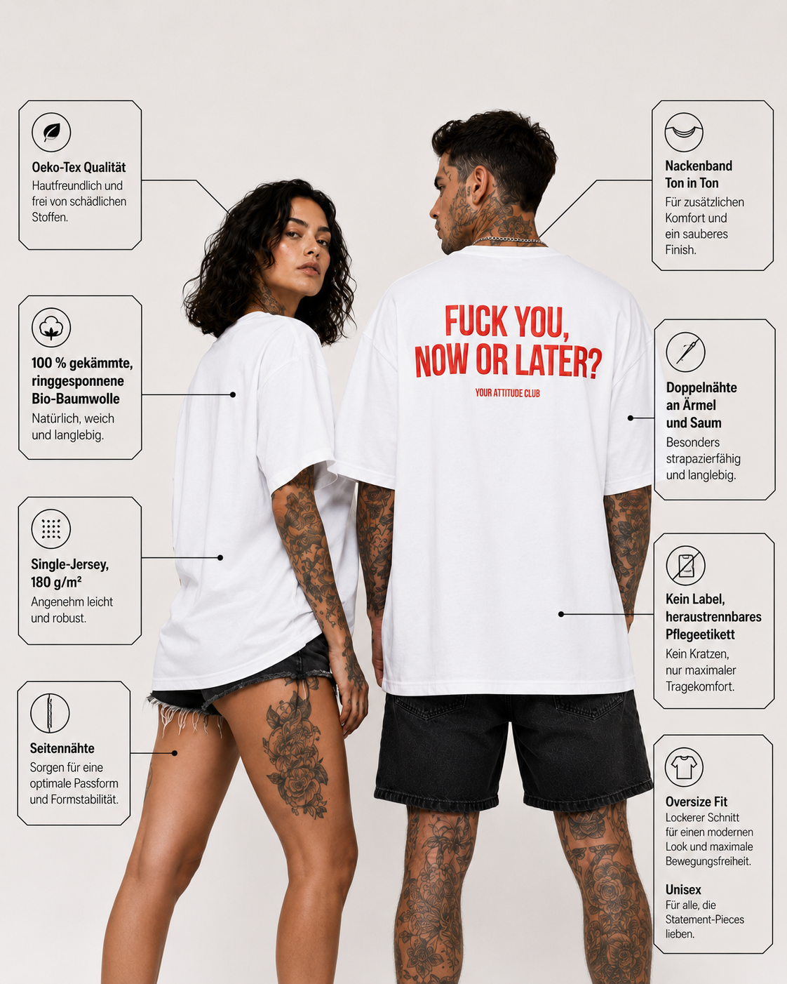 FUCK YOU, NOW OR LATER? – weißes Unisex Oversize Shirt mit rotem Backprint, freches Statement T-Shirt, Adult Humor, Streetwear Geschenk