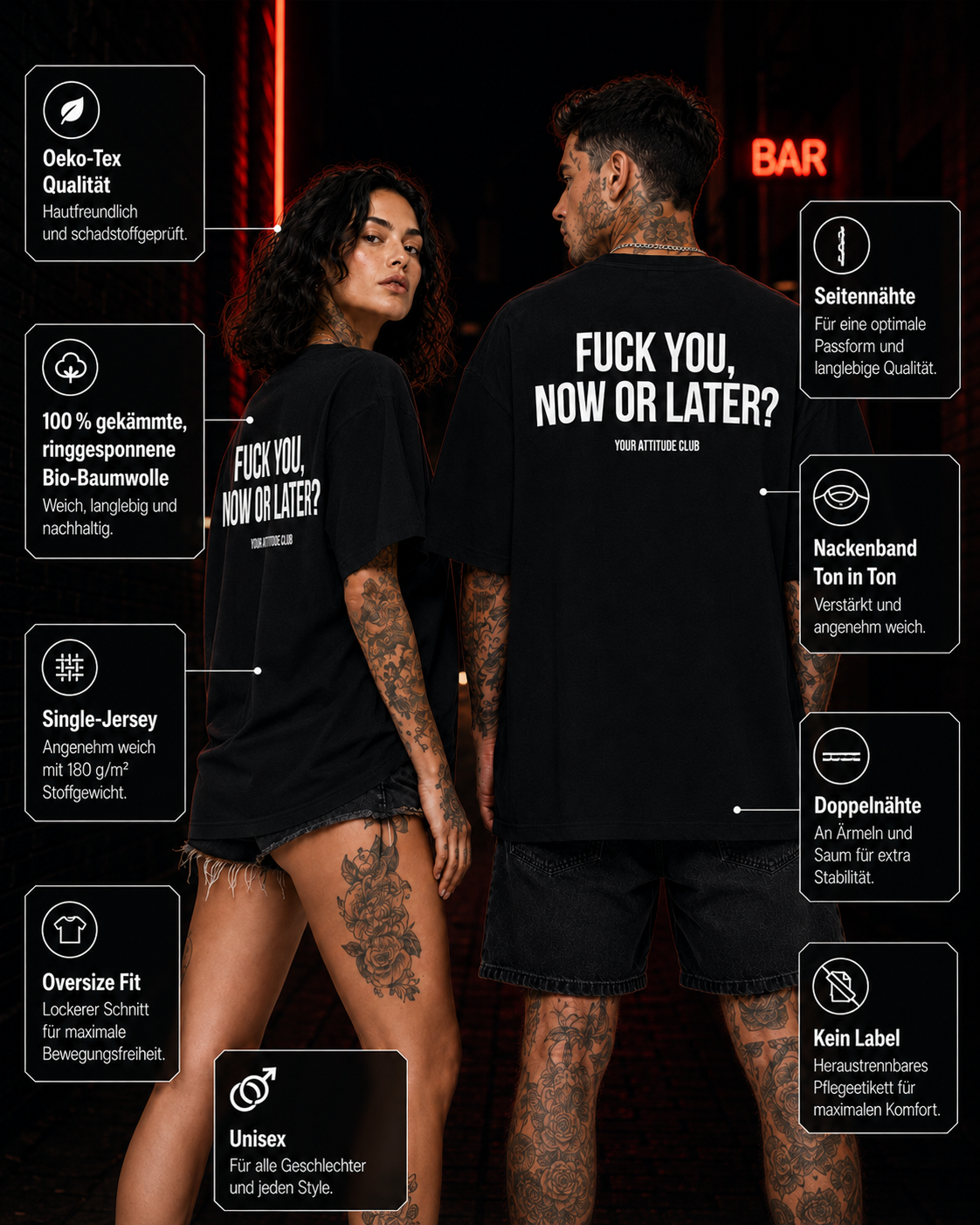 FUCK YOU, NOW OR LATER? – weißes Unisex Oversize Shirt mit rotem Backprint, freches Statement T-Shirt, Adult Humor, Streetwear Geschenk