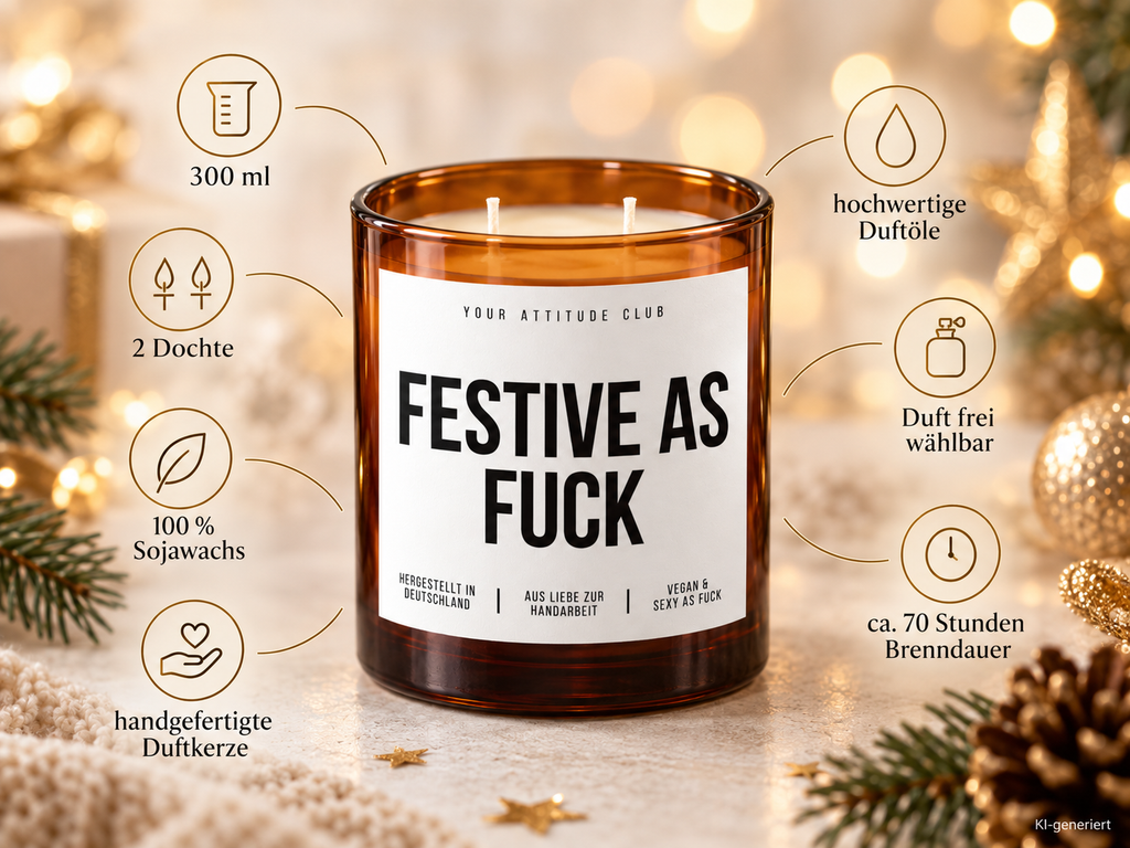 FESTIVE AS FUCK – Weihnachtskerze Naturgras Etikett | lustiges Weihnachtsgeschenk | Geschenk für Freunde, Kolleginnen & Familie | Geschenkidee Weihnachten