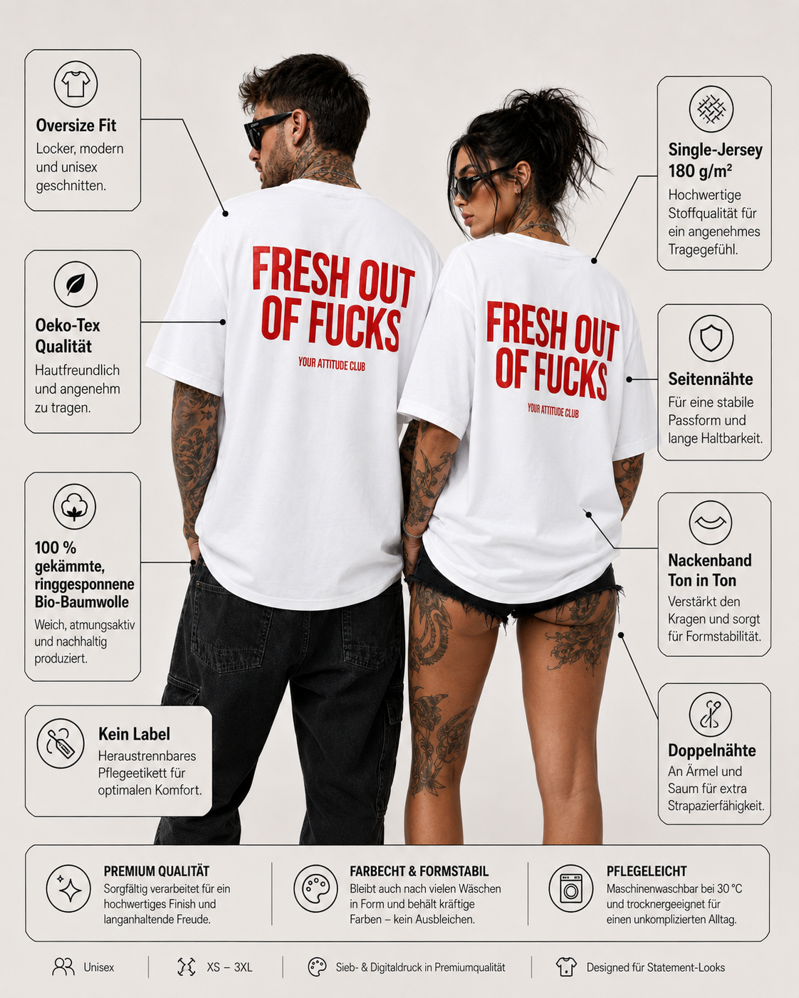 FRESH OUT OF FUCKS – weißes Unisex Oversize Shirt mit rotem Backprint, freches Statement T-Shirt, schwarzer Humor, Streetwear Geschenk