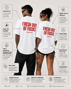 FRESH OUT OF FUCKS – schwarzes Unisex Oversize Shirt mit weißem Backprint, freches Statement T-Shirt, schwarzer Humor, Streetwear Geschenk