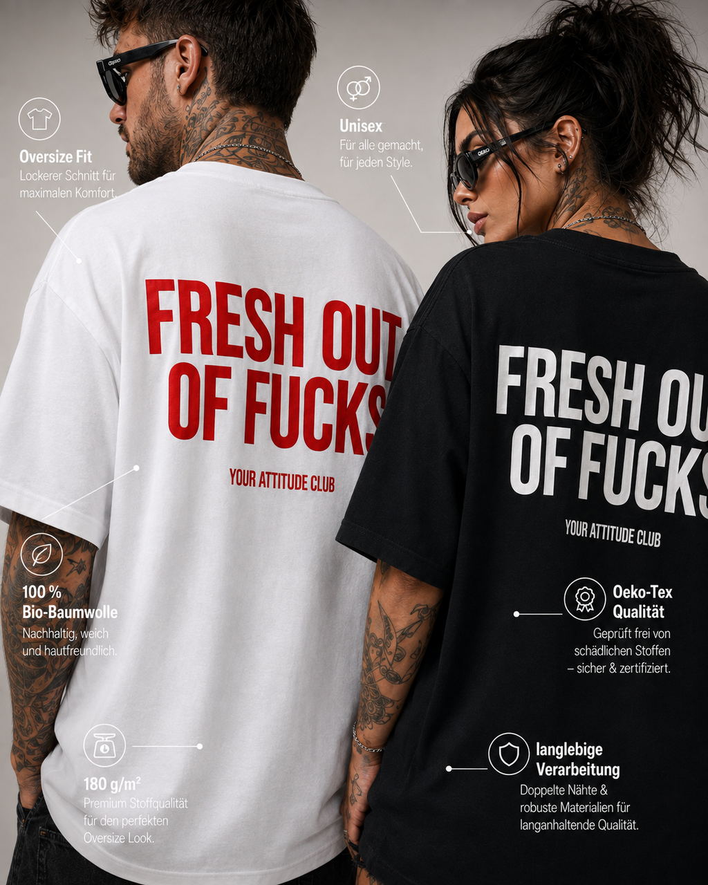 FRESH OUT OF FUCKS – weißes Unisex Oversize Shirt mit rotem Backprint, freches Statement T-Shirt, schwarzer Humor, Streetwear Geschenk