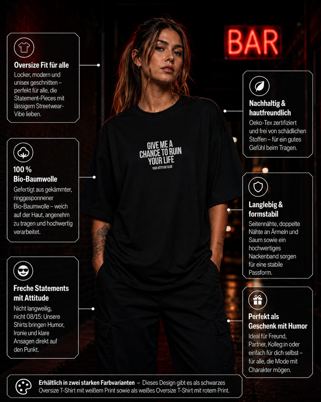 GIVE ME A CHANCE TO RUIN YOUR LIFE | Oversize Shirt Unisex mit Frontprint, Statement Shirt aus Bio-Baumwolle