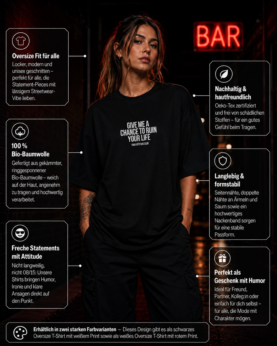 GIVE ME A CHANCE TO RUIN YOUR LIFE | Oversize Shirt Unisex mit Frontprint, Statement Shirt aus Bio-Baumwolle