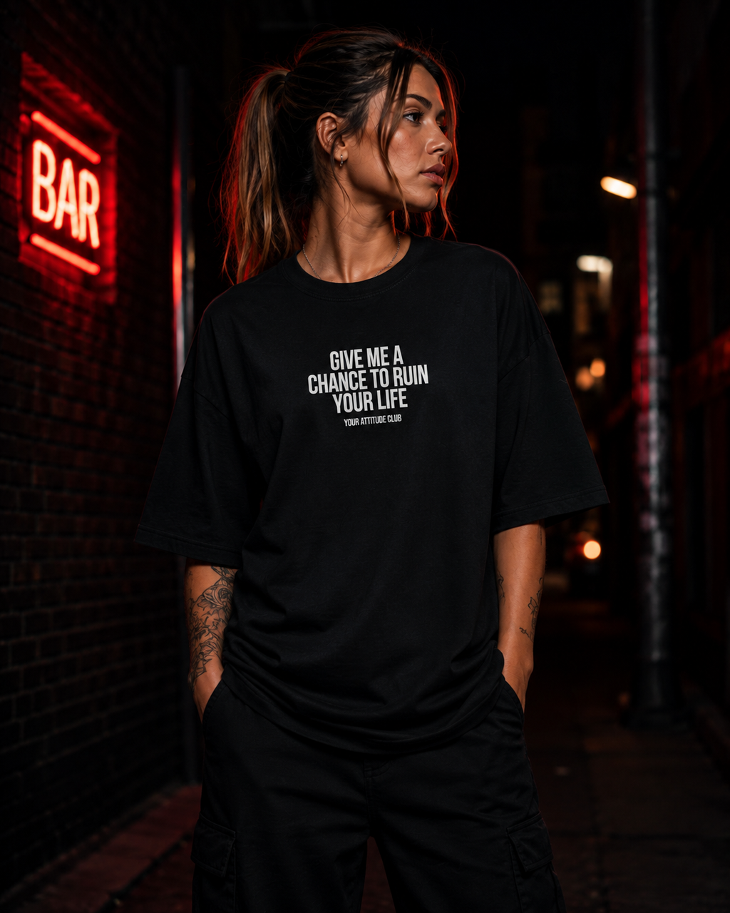 GIVE ME A CHANCE TO RUIN YOUR LIFE | Oversize Shirt Unisex mit Frontprint, Statement Shirt aus Bio-Baumwolle
