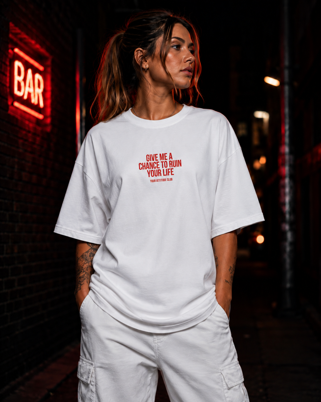 GIVE ME A CHANCE TO RUIN YOUR LIFE | Oversize Shirt Unisex mit Frontprint, Statement Shirt aus Bio-Baumwolle