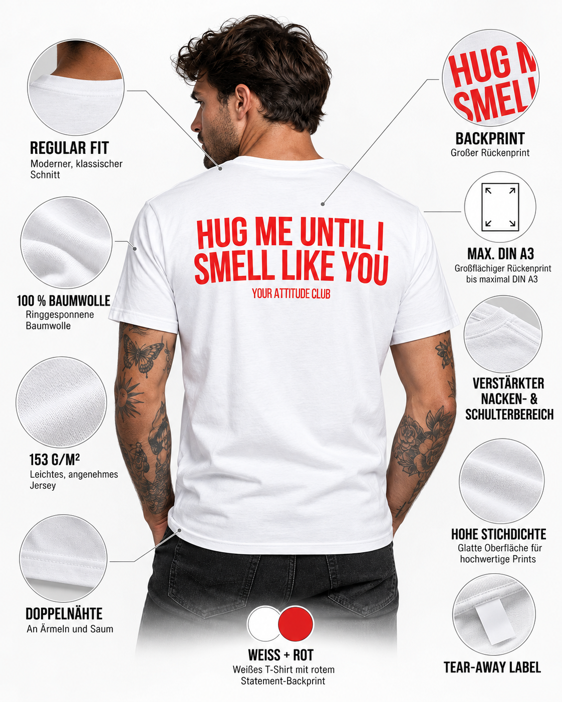 HUG ME UNTIL I SMELL LIKE YOU – Unisex Statement T-Shirt Weiß mit rotem Backprint | romantisch freches Sprüche Shirt