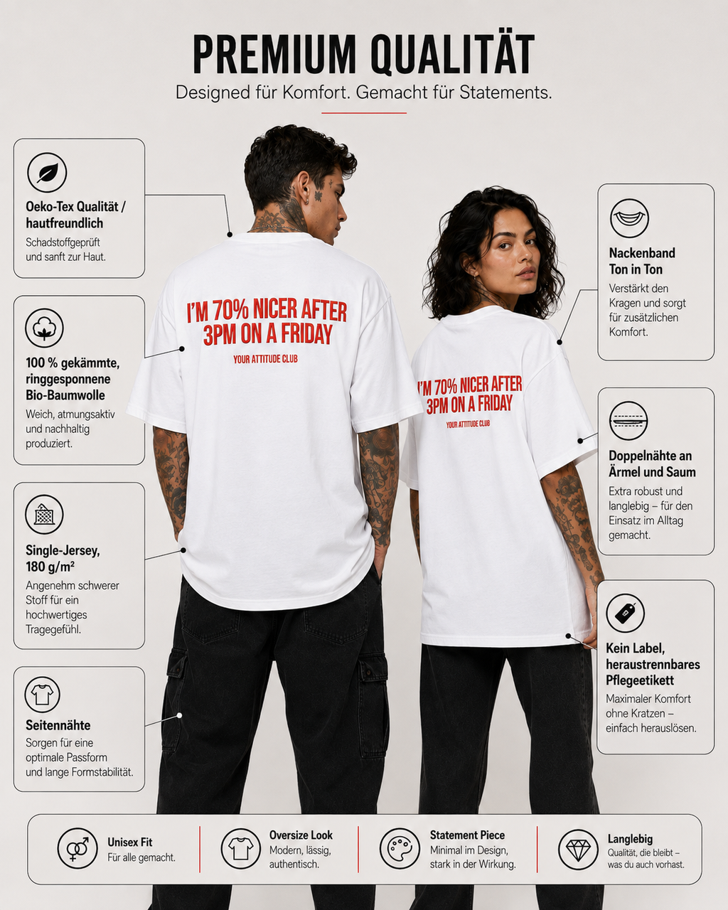 I’M 70% NICER AFTER 3PM ON A FRIDAY – schwarzes Oversize Unisex Shirt, weißer Backprint, lustiges Büro Shirt, Freitag Spruch, Kollegen Geschenk