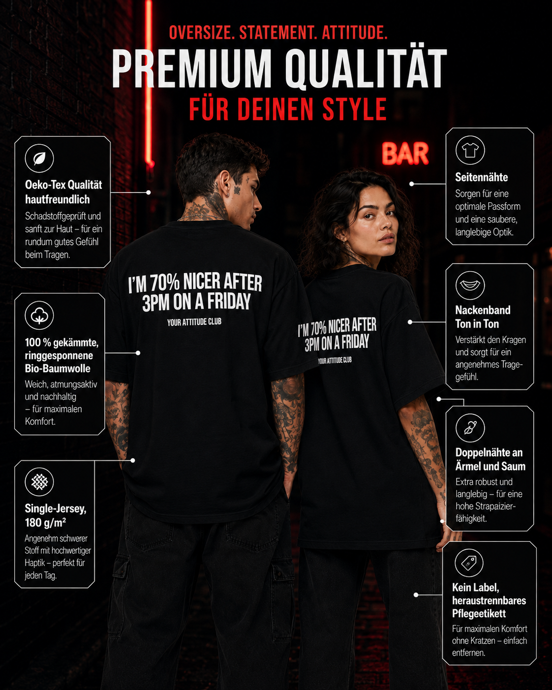 I’M 70% NICER AFTER 3PM ON A FRIDAY – weißes Oversize Unisex Shirt, roter Backprint, lustiges Büro Shirt, Freitag Spruch, Kollegen Geschenk