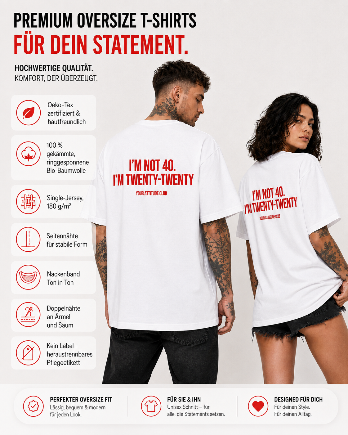 I’M NOT 40. I’M TWENTY-TWENTY – weißes Oversize Unisex Shirt, roter Backprint, lustiges 40. Geburtstag Shirt, Geburtstagsgeschenk, Spruchshirt