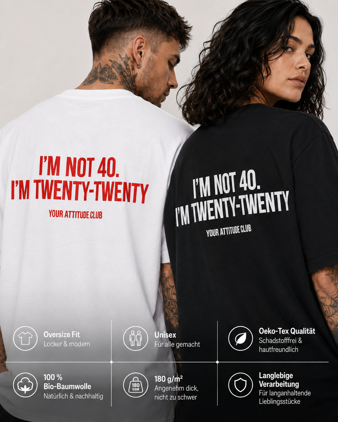 I’M NOT 40. I’M TWENTY-TWENTY – schwarzes Oversize Unisex Shirt, weißer Backprint, lustiges 40. Geburtstag Shirt, Geburtstagsgeschenk, Spruchshirt