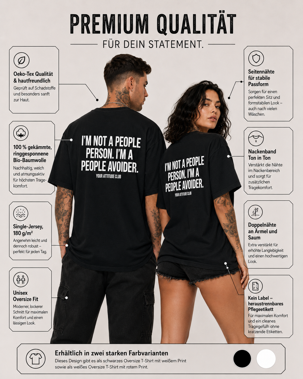 I’M NOT A PEOPLE PERSON. I’M A PEOPLE AVOIDER. – schwarzes Oversize Unisex Shirt, weißer Backprint, Introvert Shirt, lustiges Spruchshirt, Geschenk
