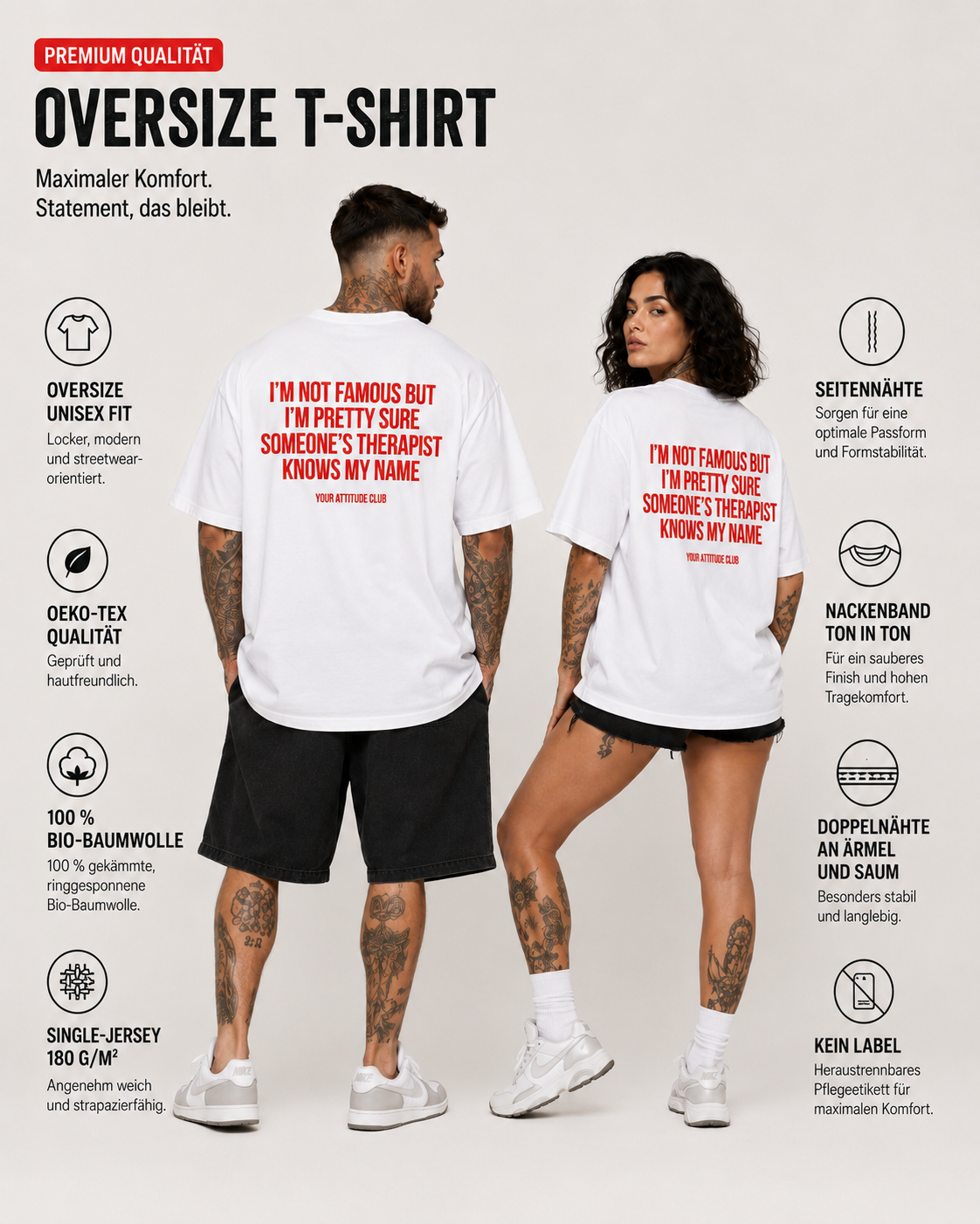 I’M NOT FAMOUS BUT I’M PRETTY SURE SOMEONE’S THERAPIST KNOWS MY NAME – schwarzes Oversize Unisex Shirt, weißer Backprint, Funny Shirt, Sarkasmus Geschenk