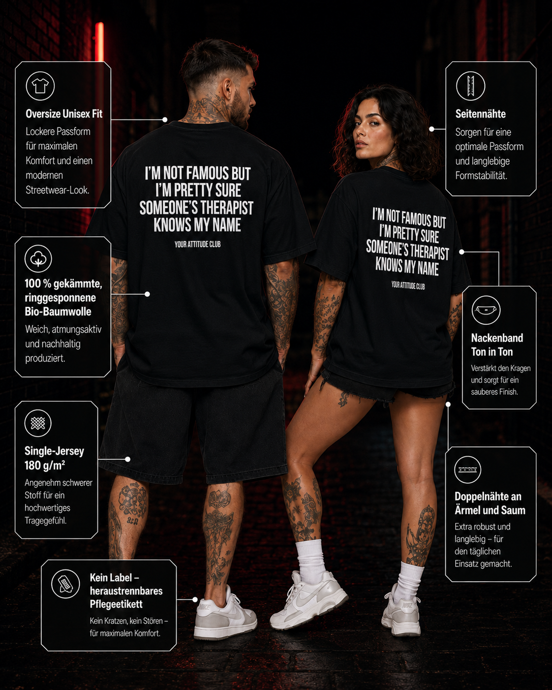 I’M NOT FAMOUS BUT I’M PRETTY SURE SOMEONE’S THERAPIST KNOWS MY NAME – weißes Oversize Unisex Shirt, roter Backprint, lustiges Spruchshirt, Geschenk