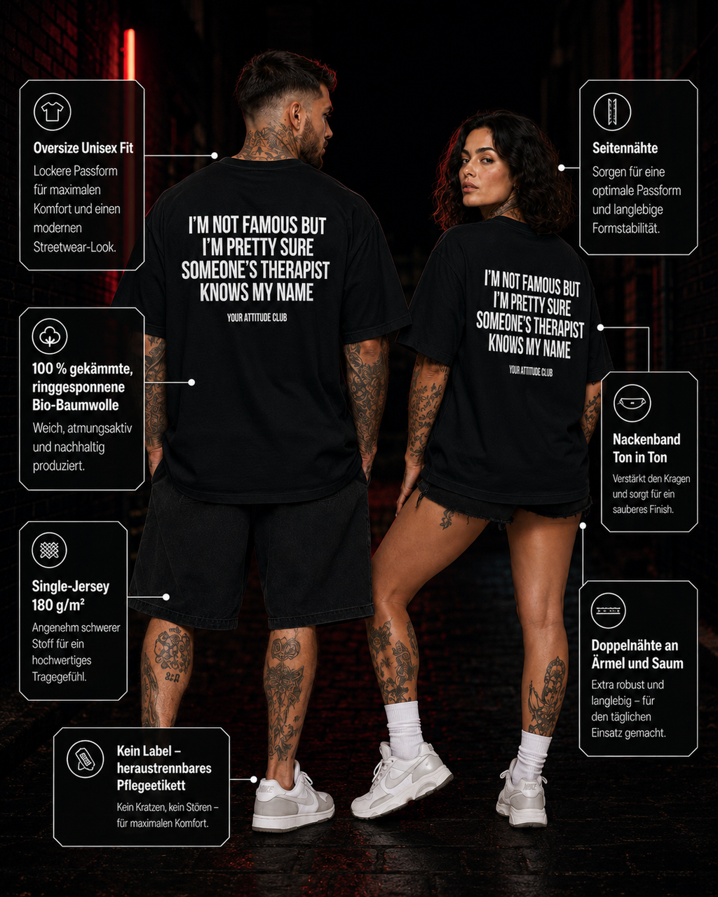 I’M NOT FAMOUS BUT I’M PRETTY SURE SOMEONE’S THERAPIST KNOWS MY NAME – schwarzes Oversize Unisex Shirt, weißer Backprint, Funny Shirt, Sarkasmus Geschenk