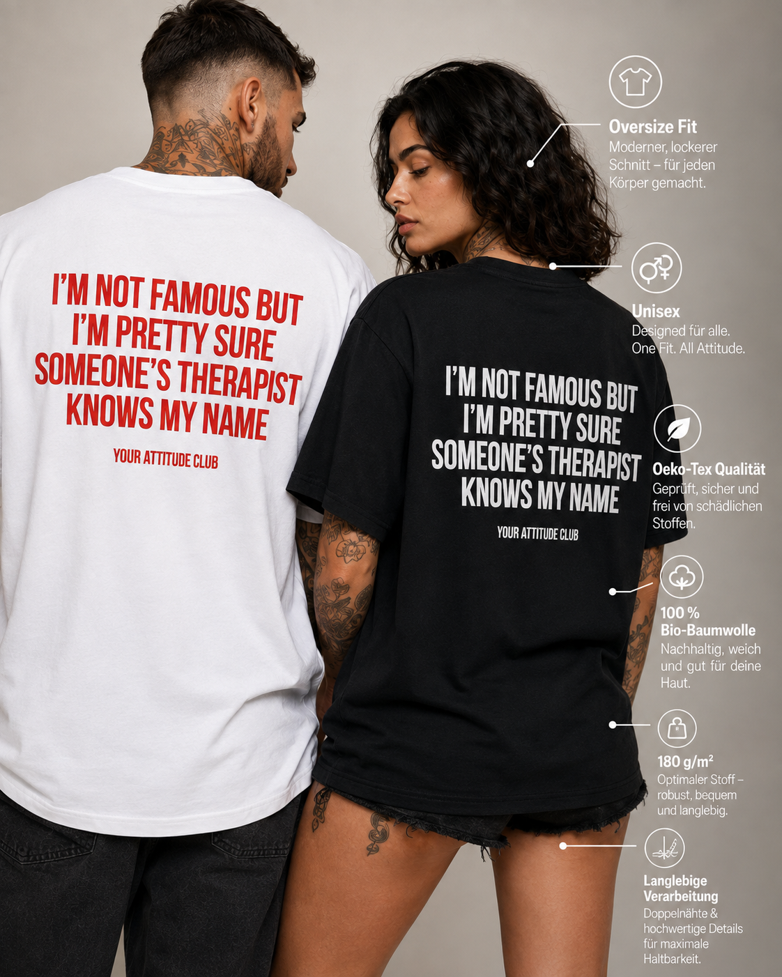 I’M NOT FAMOUS BUT I’M PRETTY SURE SOMEONE’S THERAPIST KNOWS MY NAME – weißes Oversize Unisex Shirt, roter Backprint, lustiges Spruchshirt, Geschenk