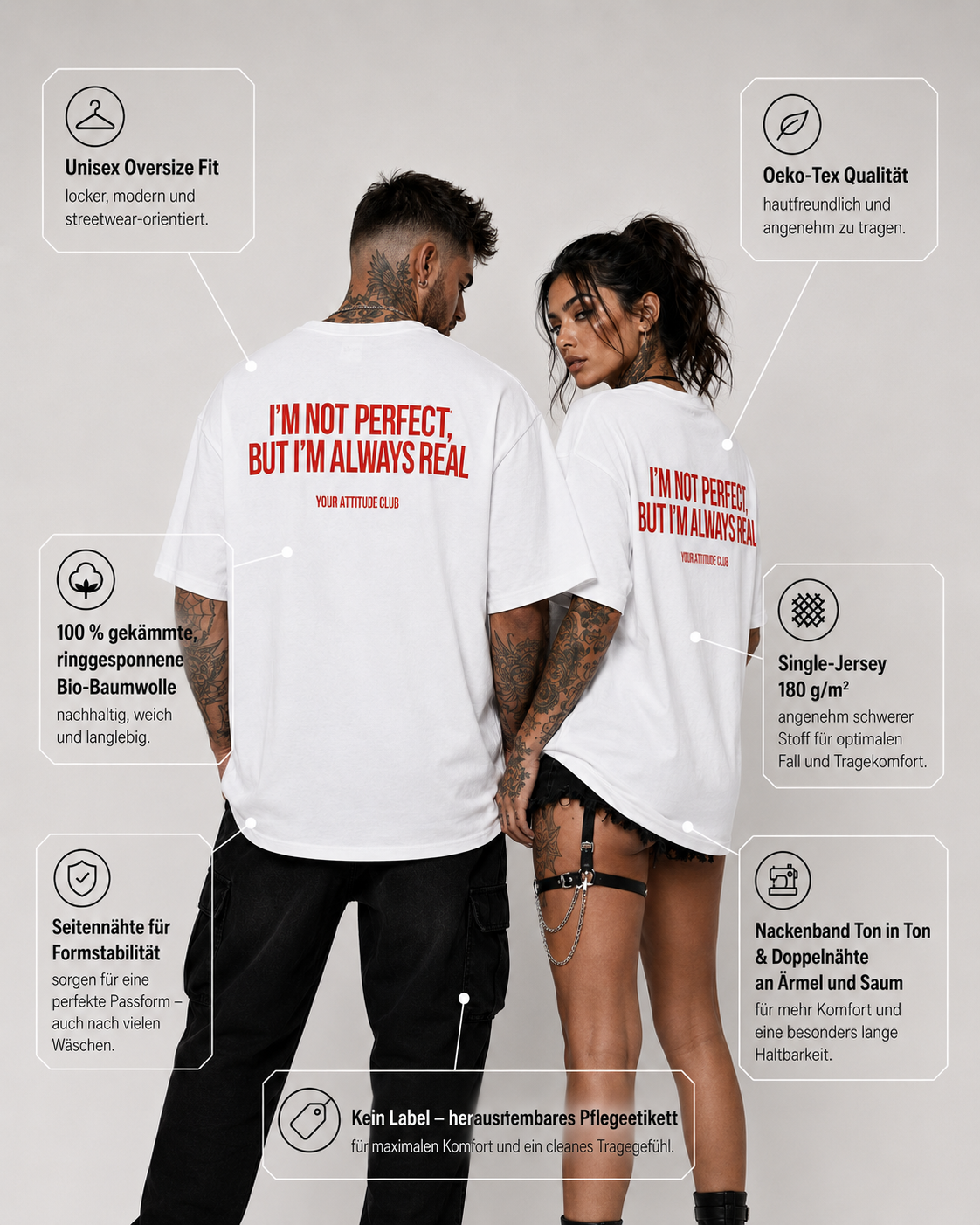 I’M NOT PERFECT, BUT I’M ALWAYS REAL – weißes Oversize Unisex Shirt, roter Backprint, Statement Shirt, lustiges Spruchshirt, Streetwear Geschenk