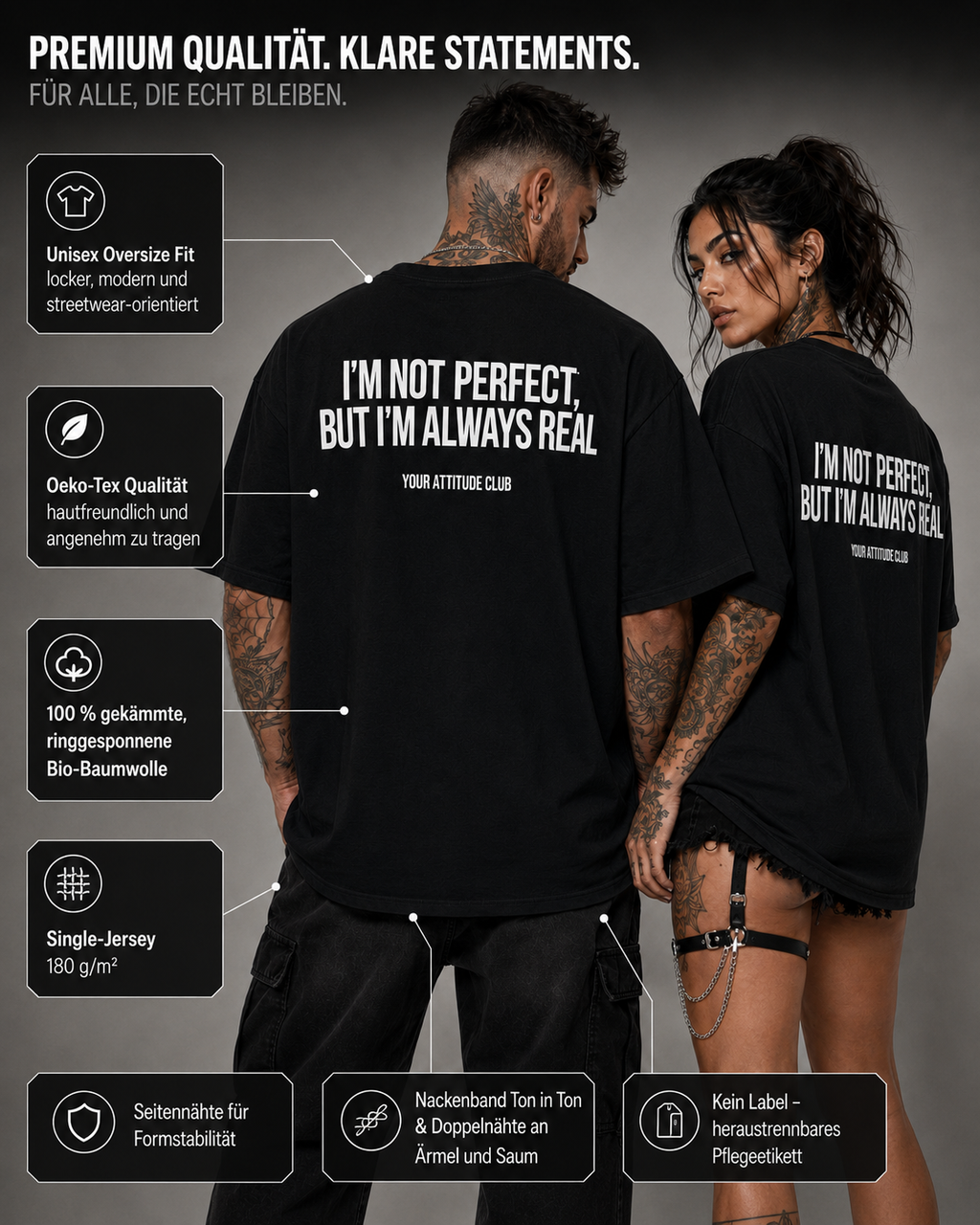 I’M NOT PERFECT, BUT I’M ALWAYS REAL – weißes Oversize Unisex Shirt, roter Backprint, Statement Shirt, lustiges Spruchshirt, Streetwear Geschenk
