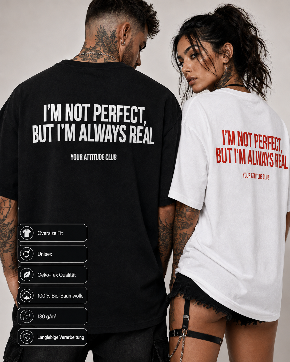 I’M NOT PERFECT, BUT I’M ALWAYS REAL – schwarzes Oversize Unisex Shirt, weißer Backprint, Statement Shirt, freches Spruchshirt, Streetwear Geschenk