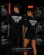 I’M PROBABLY GOING TO HELL IN EVERY RELIGION – schwarzes Oversize Unisex Shirt, weißer Backprint, schwarzer Humor, freches Statement Shirt