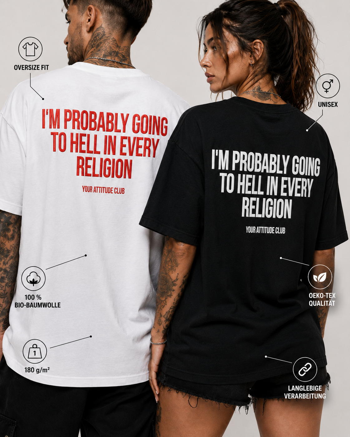 I’M PROBABLY GOING TO HELL IN EVERY RELIGION – schwarzes Oversize Unisex Shirt, weißer Backprint, schwarzer Humor, freches Statement Shirt