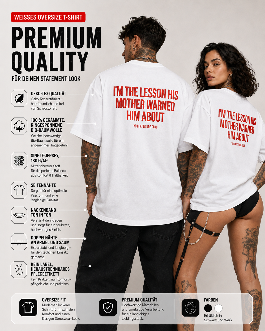 I’M THE LESSON HIS MOTHER WARNED HIM ABOUT – weißes Oversize Unisex Shirt, roter Backprint, freches Spruchshirt, schwarzer Humor, Statement Shirt