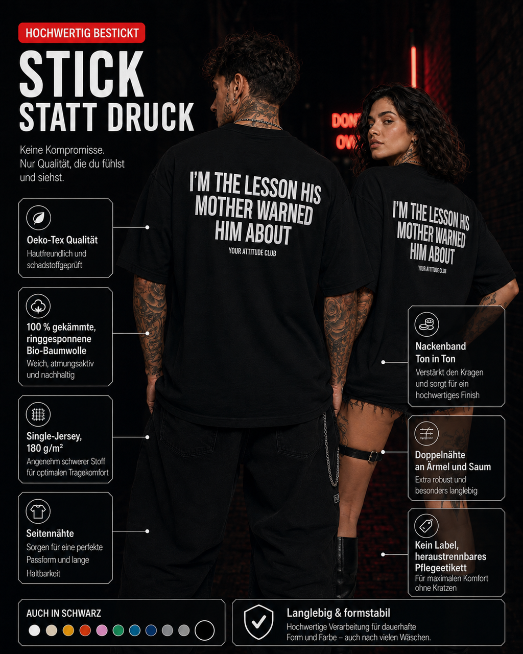 I’M THE LESSON HIS MOTHER WARNED HIM ABOUT – weißes Oversize Unisex Shirt, roter Backprint, freches Spruchshirt, schwarzer Humor, Statement Shirt