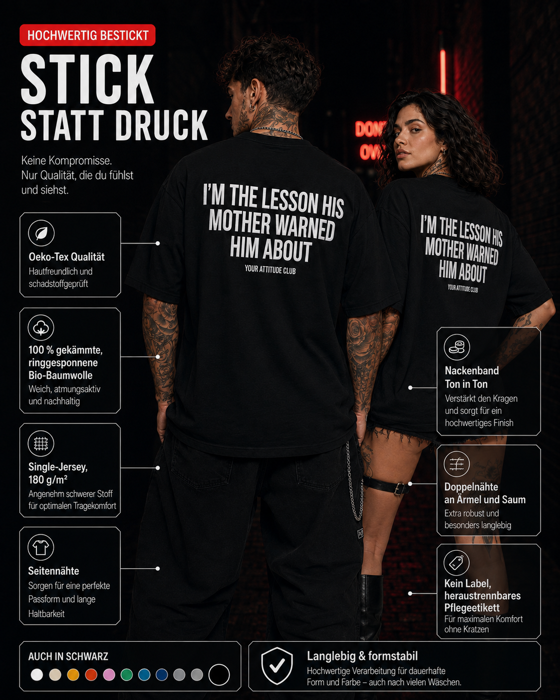 I’M THE LESSON HIS MOTHER WARNED HIM ABOUT – weißes Oversize Unisex Shirt, roter Backprint, freches Spruchshirt, schwarzer Humor, Statement Shirt
