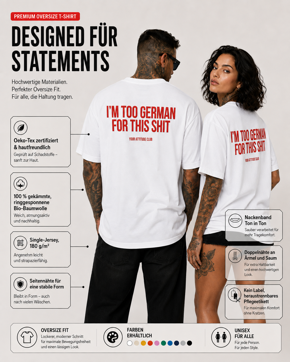 I’M TOO GERMAN FOR THIS SHIT – weißes Oversize Unisex Shirt, roter Backprint, lustiges Spruchshirt, German Humor, Statement Shirt, Geschenk
