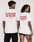 I’M TOO SLAVIC FOR THIS SHIT – weißes Oversize Unisex Shirt, roter Backprint, Slavic Humor Shirt, lustiges Spruchshirt, Statement Streetwear
