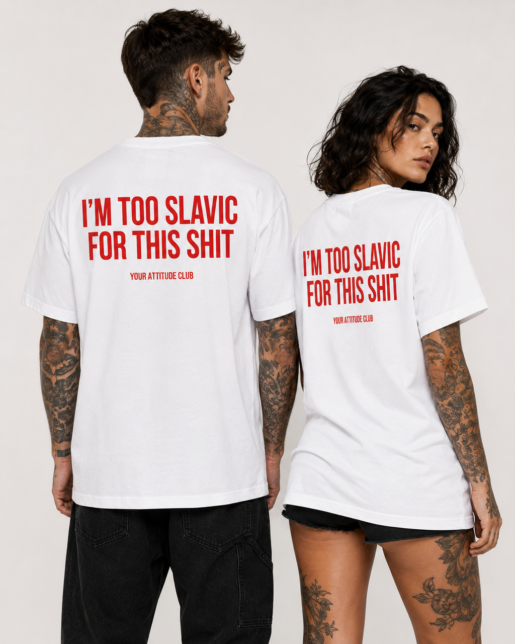 I’M TOO SLAVIC FOR THIS SHIT – schwarzes Oversize Unisex Shirt, weißer Backprint, Slavic Humor Shirt, lustiges Spruchshirt, edgy Statement Shirt