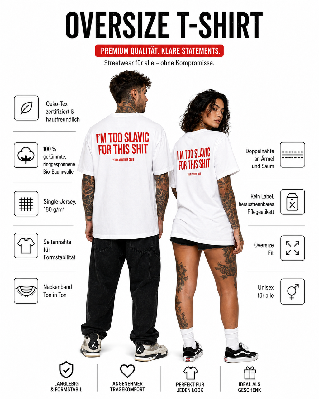 I’M TOO SLAVIC FOR THIS SHIT – weißes Oversize Unisex Shirt, roter Backprint, Slavic Humor Shirt, lustiges Spruchshirt, Statement Streetwear