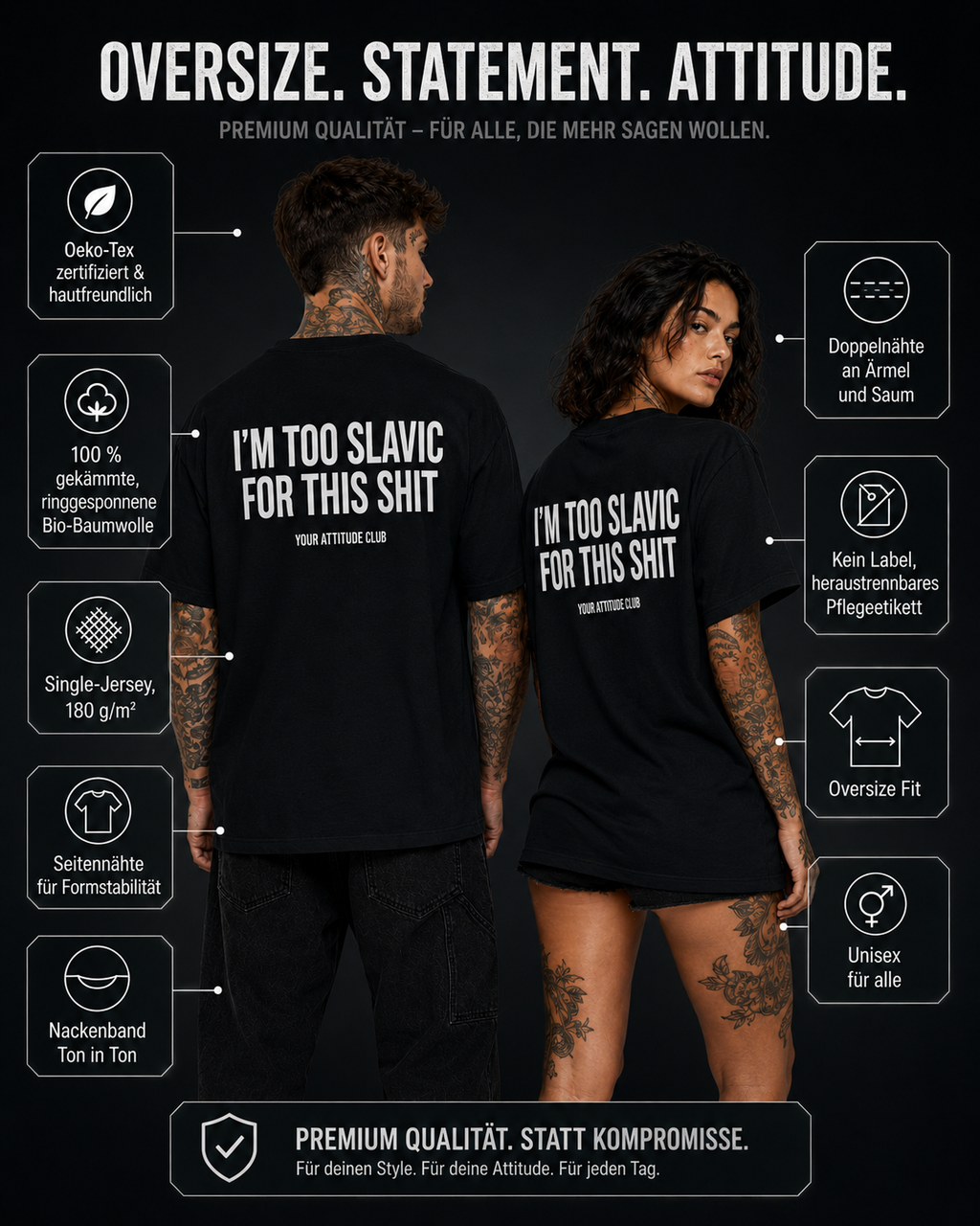 I’M TOO SLAVIC FOR THIS SHIT – schwarzes Oversize Unisex Shirt, weißer Backprint, Slavic Humor Shirt, lustiges Spruchshirt, edgy Statement Shirt