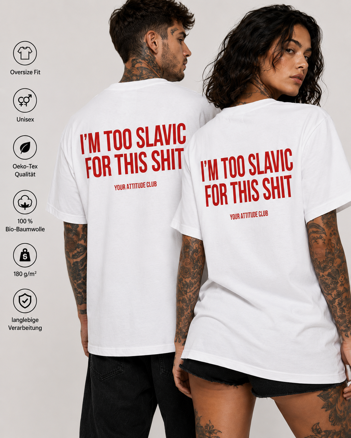 I’M TOO SLAVIC FOR THIS SHIT – weißes Oversize Unisex Shirt, roter Backprint, Slavic Humor Shirt, lustiges Spruchshirt, Statement Streetwear