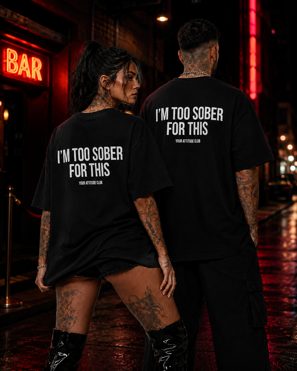 I’M TOO SOBER FOR THIS – schwarzes Oversize Unisex Shirt, weißer Backprint, lustiges Party Shirt, Alkohol Spruchshirt, edgy Statement Streetwear